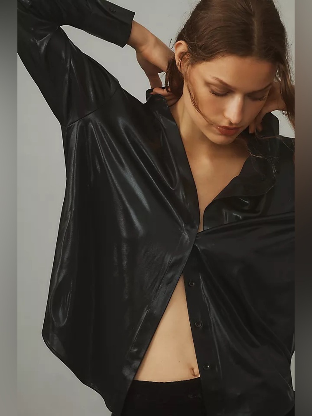 Anthropologie Shine Button Down Shirt Black Metallic Long Sleeve Size XS P